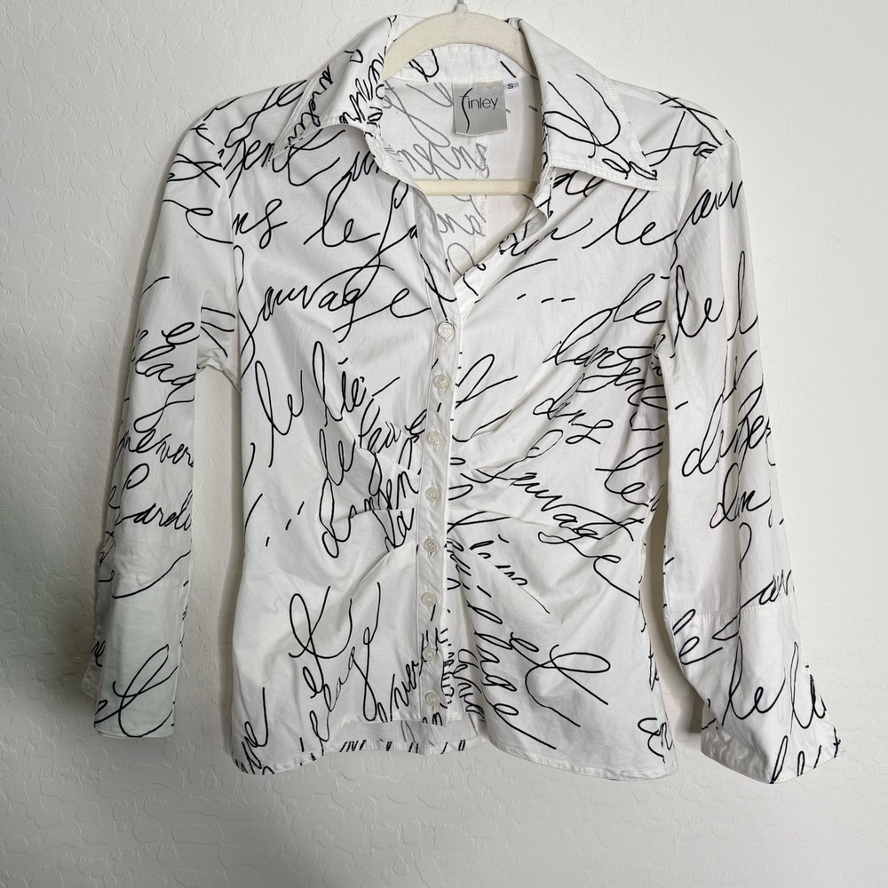 Finley Womens Cotton Button Down Shirt S White Script Print 3/4 Sleeve Literary